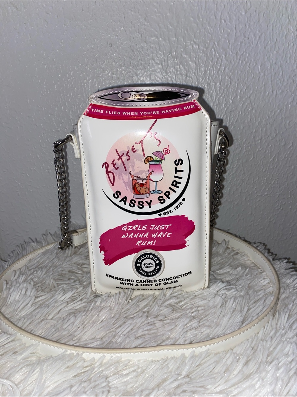 Betsey Johnson White & Pink 'Sassy Spirits' Can-Shaped Crossbody silver hardware